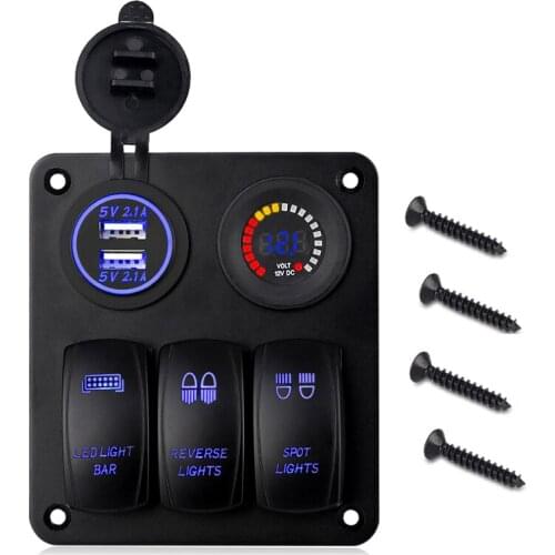 3 Gang Marine Ignition Toggle Rocker Switch Panel 12V LED Colorful Voltmeter 4.2A Dual USB Charger Socket Adapter For Car Boat