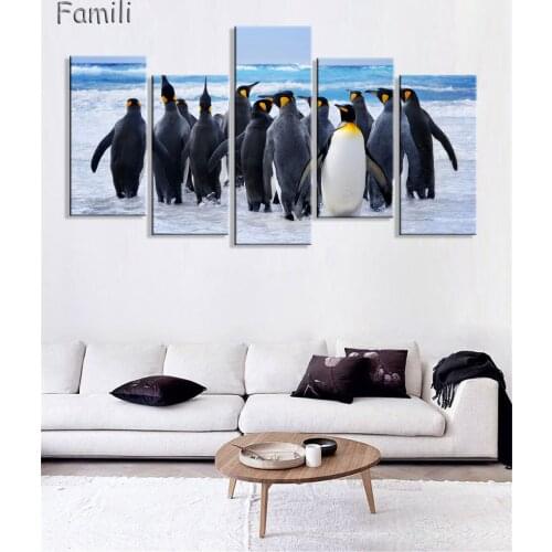 5 panel canvas art large poster HD printed oil painting cheerful little penguin canvas print modern children room decoration