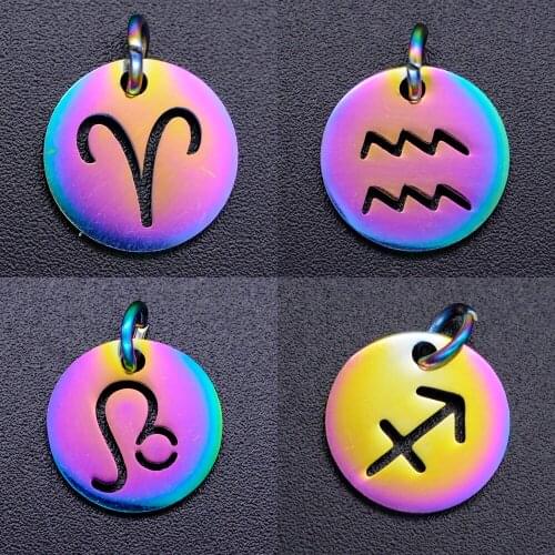 5pcs/lot 100% Stainless Steel Zodiac 12 Constellation diy Charms With Rainbow Plated Wholesale Jewelry Making Pendant