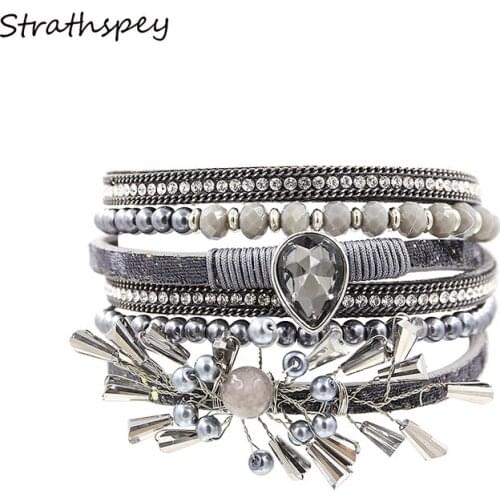 STRATHSPEY Bracelet PU leather Bracelets&Bangles For Women Bohemia Flower Shape Crystal Water Drop Rhinestone Grey/Blue Color