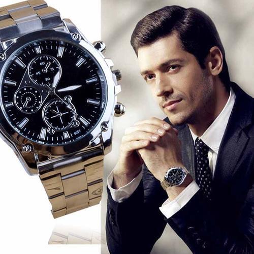 Luxury Men Business Sport Stainless Steel Quartz Analog Wrist Watch Xmas Gift Black dial with silver watch band Casual Watch Men