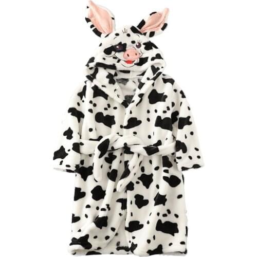 New Winter Baby Girl Bathrobe Children Sleepwear Robe Kids Cartoon Cows Spotted Pig Robes Flannel Hooded Pajamas Boys Homewear