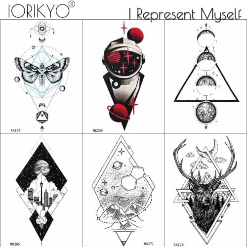 IORIKYO Women Fake Geometric Tatoos Mountain Temporary Tattoo Stickers Totem Deer Men Universe Water Transfer Tattoo Moth Galaxy