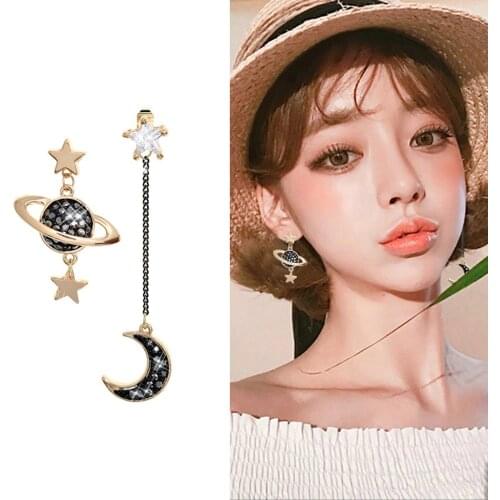 Korean Drop Earrings For Women Vintage Crystal Star Moon Panlet Asymmetry Long Earrings 2020 Fashion Dangle Brincos 2020