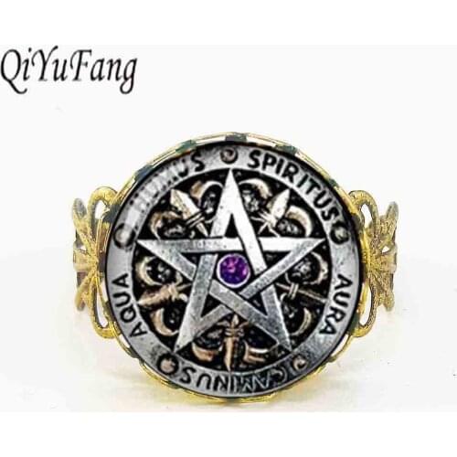 Steampunk Fashion Wiccan Protection black magick Pagan Pentagram Ring 1pcs/lot Round Glass Dome Gift Women Men antique rings
