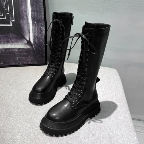 2021 Fashion Knee-High Boots For Women Autumn Lace-Up Chunky Boots Soft Casual Round Combat Martin Boots Platform Ladies Shoes