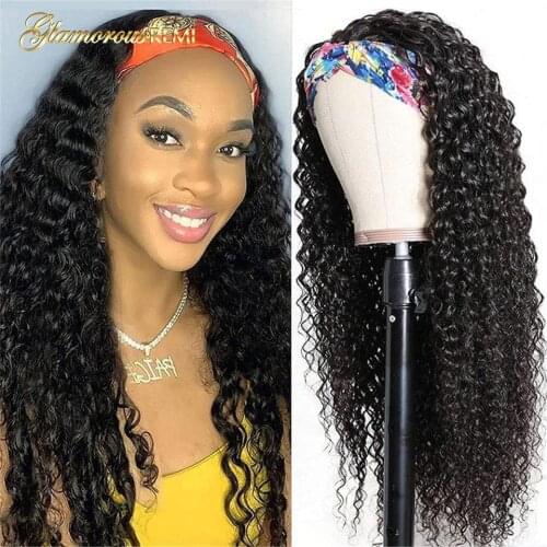 Headband Wig Brazilian Kinky Curly Human Hair Wigs For Black Women Natural Color Glueless Deep Curly Headband Scarf Wig 8-26inch