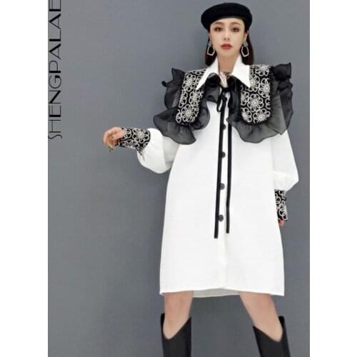 SHENGPALAE Ruffle Dress Fashion New Women Lace Spliced Pullover Full Sleeve 2021 Autumnt Black White Loose Long Sleeve Dresses