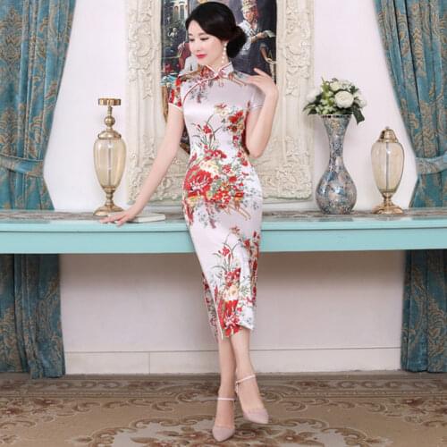 Chinese Traditional Dress Flower Print Elegant Short Sleeve Cheongsam Stand Collar Tight Bodycon Dress Cheongsam Women Dress