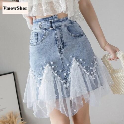 VmewSher New Beading Women Skirt Denim Mini Mesh Patchwork Vintage Lady Elegant Pearl Jean Skirts High Waist Irregular Sweet
