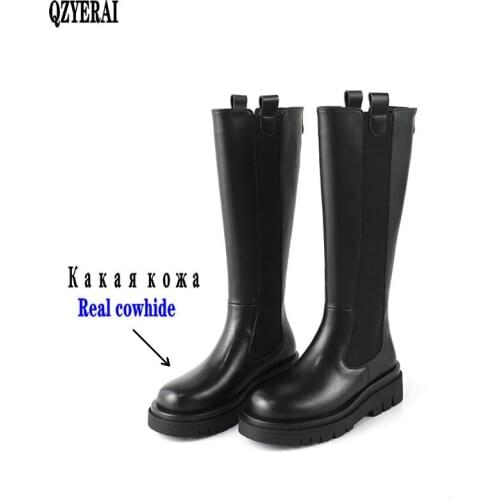 Women Genuine Leather Boots Fashion Handmade Classic Round Head Platform European And American Fashion Womens Knee-High Boots