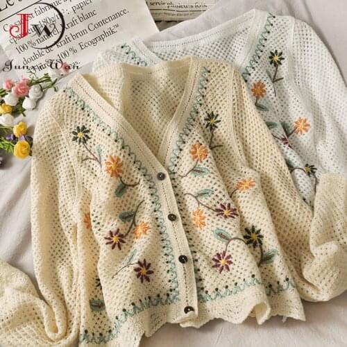 Women Floral Embroidery Hollow Knitted Cardigan Spring Autumn Elegant Long Sleeve V Neck Casual Sweater Outerwear Chic Tops