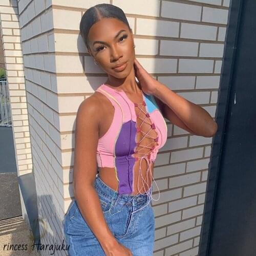 New 2020 Summer Beach Sexy Bandage Cut Out Hole Crop Tops Women Camisole Chic Punk Style Ribbed Knitting Tank Top Club Wear