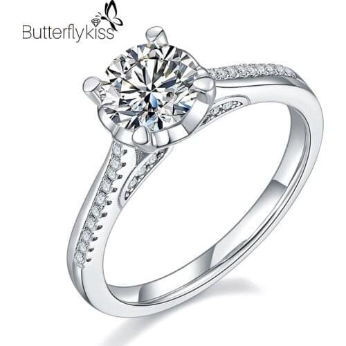 BK 1ct Moissanite Ring DE Color 4 Prong 18k White Gold Fashion Lady Round Diamond Band Ring For Women Fine Jewelry