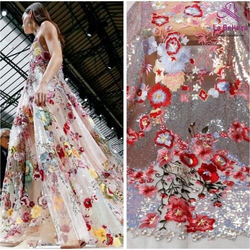 La Belleza beautiful 2019 most hot lace fabric mixed color with AB sequins embroidery dress lace fabric 1 yard