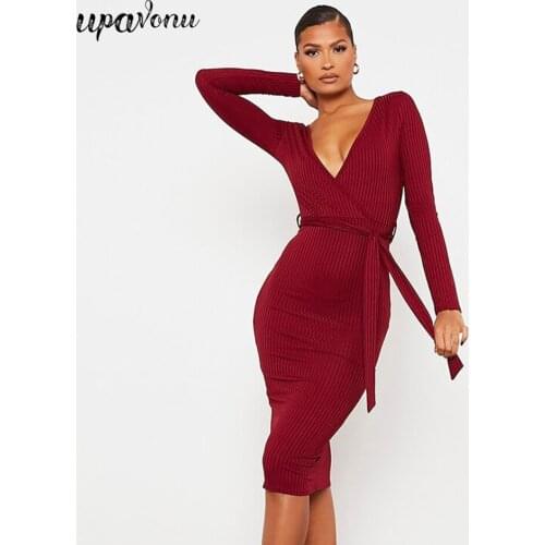 Free Shipping 2021 New Womens Green Striped Dress Sexy V-neck Long Sleeve Bodycon Lace Up Dress Club Party Knee-Length Vestidos