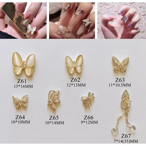 2pcs High Quality Luxury Nail Art Gold-Plated Metal 3D Charms with Zircon Stone Butterfly Bow Decoration Z61-67