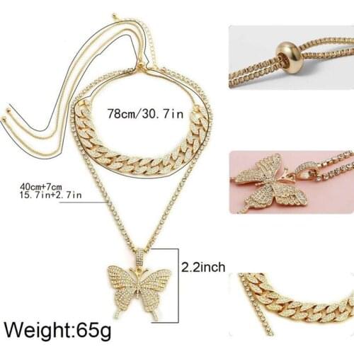 2021 Fashion Butterfly Lock Pendant Necklace for Women Shiny Rhinestone Clavicle Chain Multilayer Choker Necklace Party Gift