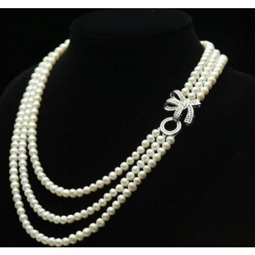 3 row 7-8mm natural round freshwater cultured white pearl necklace 18"-20
