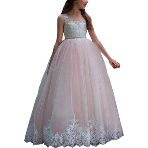 Abaowedding pink mesh flower girls dresses vestido de primera floor length kids ball gown dress for girls little girls dress