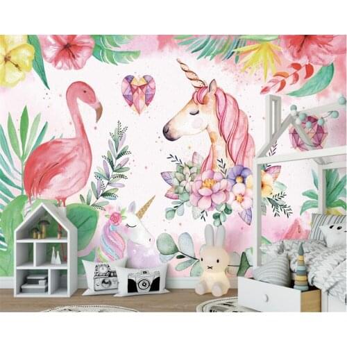Beibehang Custom high-end fashion silk background wall flamingo unicorn childrens room wall decoration papel de parede