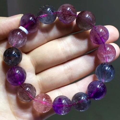 Genuine Natural Super Seven 7 Purple Rutilated Quartz 14.5mm Rare Women Man Round Beads Stretch Bracelet AAAAA Certificate