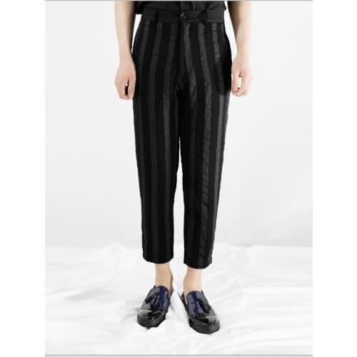 New autumn and winter woolen casual pants for men Korean version loose small feet color vertical stripe individual pencil pants