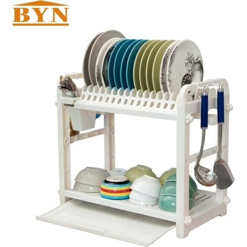 BYN Home Decor Multi-Functional White Plastic Kitchen Storage Rack Utensils Tableware Holder Dish Rack Drainer DQ1301-2