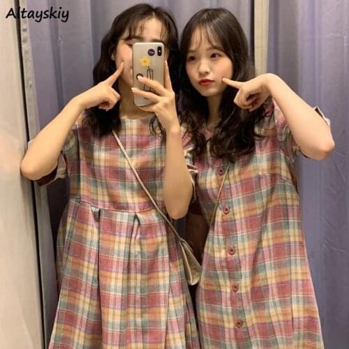 Plaid Dresses Women College Students Rainbow Friends Japanese Style Chic Trendy Summer Popular Leisure Midi Vestido Feminino