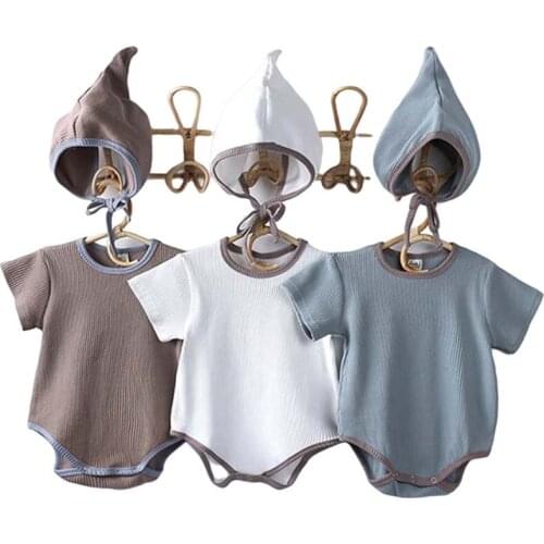 Baby Rompers Summer Newborn Baby Clothes Cotton Solid Color Jumpsuit+Hat 2Pcs Baby Boy Girl Clothing For 0-24M
