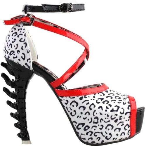 LF80708 SHOW STORY Retro Black White Red Strappy Leopard Print Gladiator Platform Bone Heels Sandals