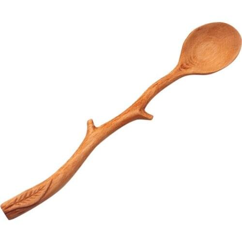 Beech Spoon Japanese Style Long Handle Natural Branch Shape Coffee Scoop for Cafe