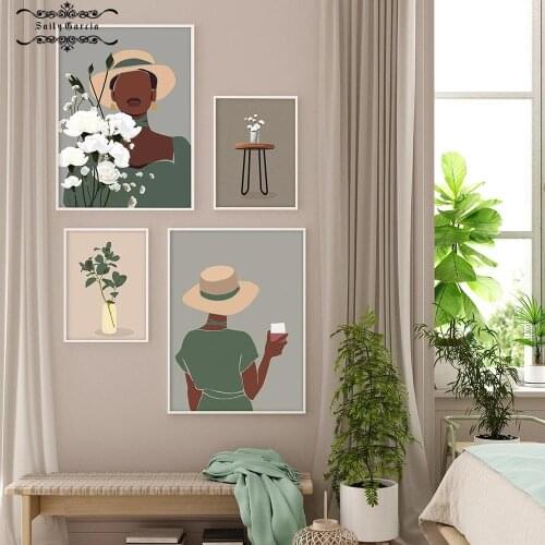 Fashion Floral Woman Black Girl Nordic Poster and Print Wall Art Canvas Painting Simple Wall Pictures for Living Room Decoration