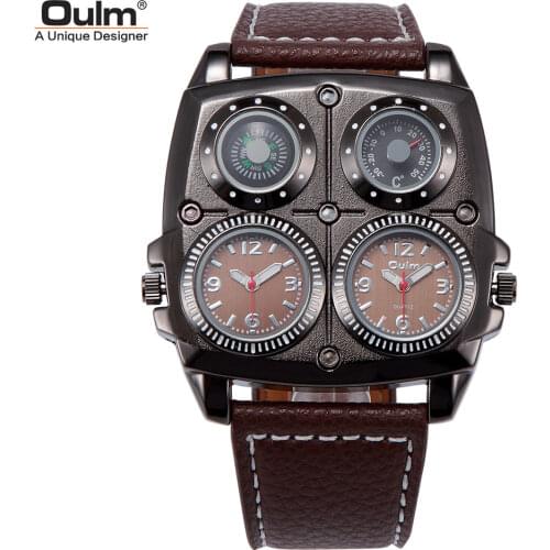 Oulm 1140 Dropshipping Men Quartz Watch Two Time Zone Army Sport Watch Male Leather Strap Wristwatch Big Size Unique Male Clock