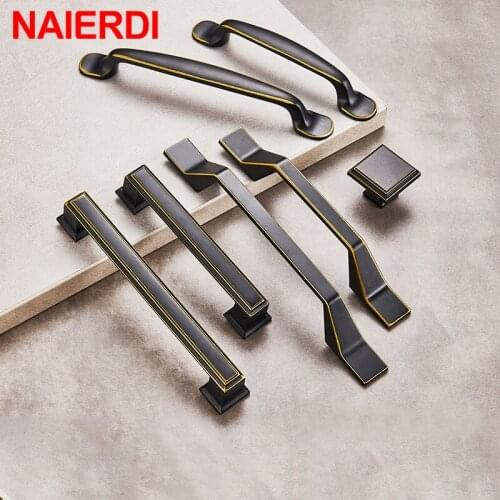 NAIERDI Solid Zinc Alloy Black Cabinet Handles European Style Kitchen Cupboard Pulls Drawer Knobs Furniture Handle