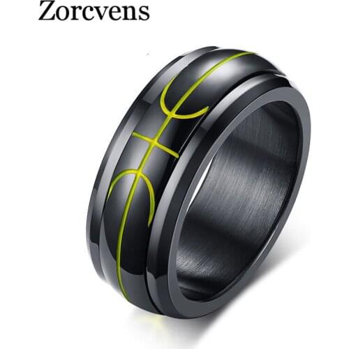 Modyle 2020 New Fashion 8mm Black Basketball Symbol Rotatable Stainless Steel Ring for Man
