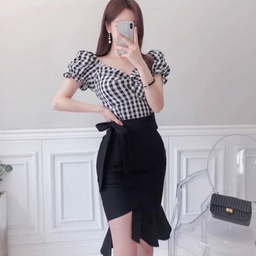 New arrival fashion sets for women summer elegant vintage puff sleeve plaid ruffle top and black skirt office lady two piece set
