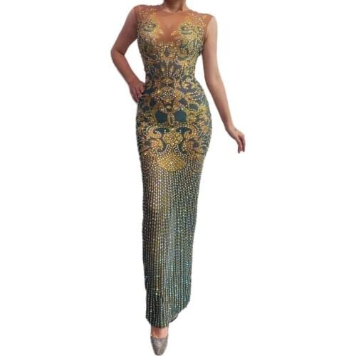 See Through Mesh Gold Rhinestones Long Dress Bar Birthday Celebrate Dress Prom Dance Women Singer Transparent Dresses