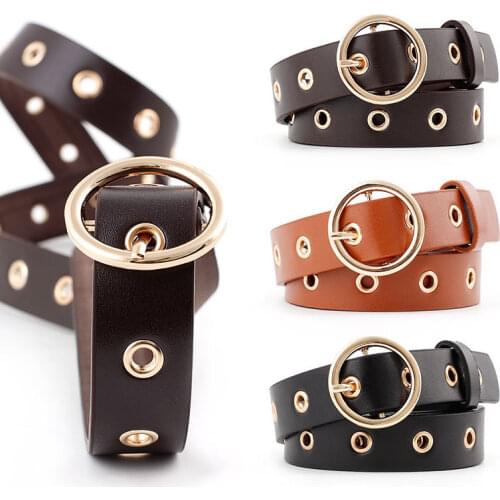 105 Cm Fashion Solid Faux Leather Belt Jeans Holes Waistband for Women Round Metal Buckle Dress Decorative Belts for Students