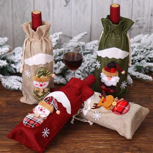 Christmas Decoration Red Wine Bottle Holder Bag Linen Santa Claus Elk Snowman Doll Wine Bottle Cover Bags Xmas Home Table Decor