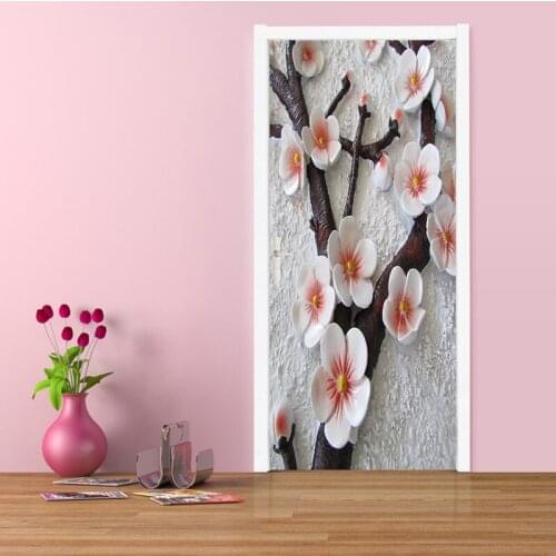 PVC Self-Adhesive 3D Stereoscopic Embossed Flowers Door Sticker for Living Room Bedroom Wall Home Decor Waterproof DIY Poster