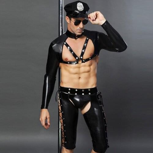 Sexy Men Police Lingerie Set Black Leather Cops Costume Open Bust Crop Top Men Open Crotch Pants Police Officer Costume with Hat