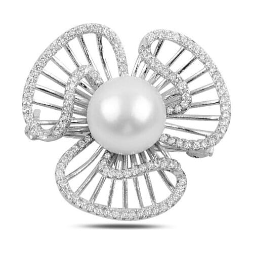 Silver 925 Sterling Pearl & Zircon Crystal Brooch