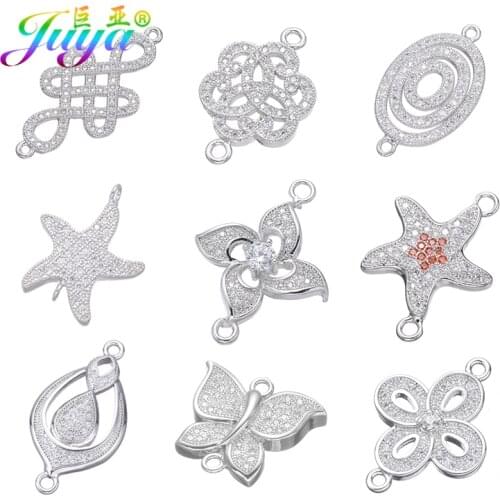 Juya Handmade Charm Earrings Accessories Micro Pave Zircon Lucky Leaf Flower Connectors For Bracelets Necklace Earrings Making