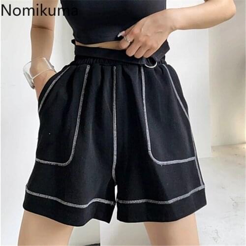 Nomikuma Wide Leg Causal Sweat Shorts Women 2021 Summer High Waist Bottoms Korean Double Pockets Patchwork Short Feminimos 6J231
