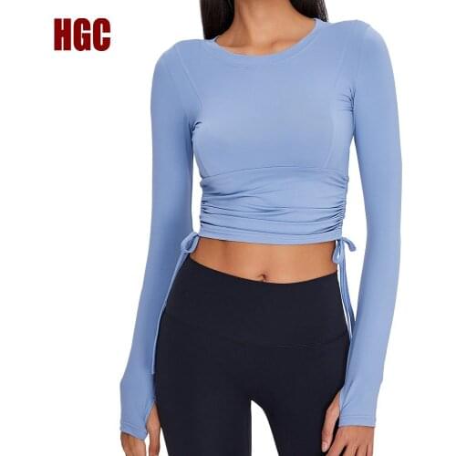 HGC Sport Top Women Push-up Yoga Pullover Fitness Sportwear Double Lace Up Gym Shirt Long Sleeve Workout Sexy Running Crop Top