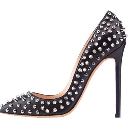 2019 Fashion free shipping spikes black Leather Poined Toe Stiletto Heel high heel shoe pump HIGH-HEELED SHOES dress shoes