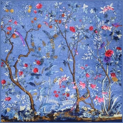 Euro Luxury Ladies Shawls 130X130cm Large Square Twill Silk Scarf For Women Hijab Flowers Tree Printed Travel Scarf Head Scarves