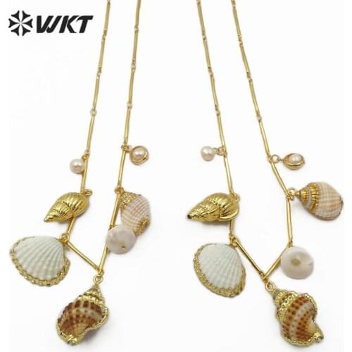 WT-JN098 Genuine Trumpet Shell and White Scallop Shell Pendant Gold Tirm Electroplate Pendant Women Pearl Pendant sea Jewelry