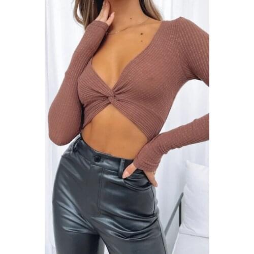 Women Casual Sexy Crop Tops Ladies T-shirt Summer Fall Long Sleeve Twist V Neck Ribbed Slim Crochet Knit Top Shirts Slim T-Shirt